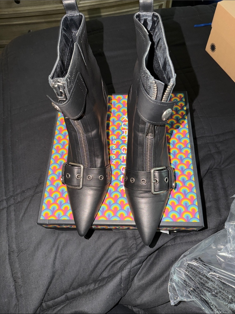 Kurt Geiger Black Pointed Buckle Ankle Boots